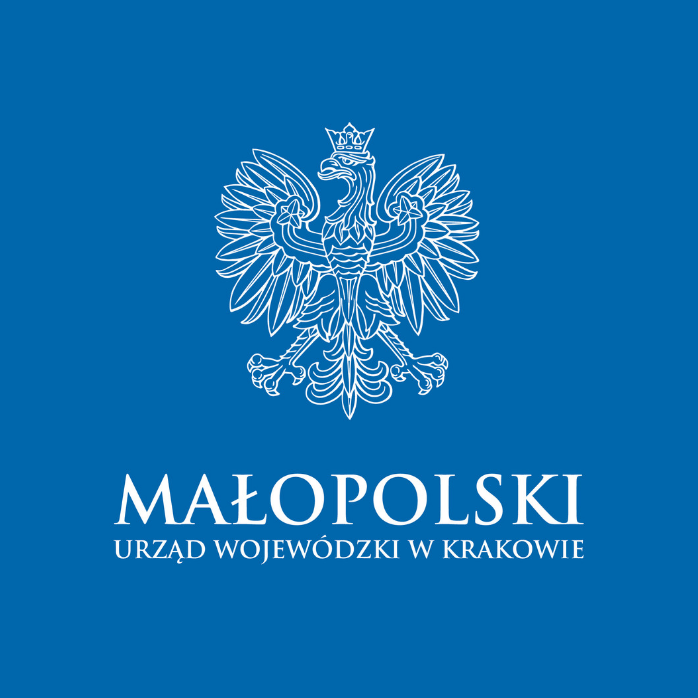 Herb Polski koloru białego na niebieskim tle poniżej herbu napis Małopolski Urząd Wojewódzki w Krakowie